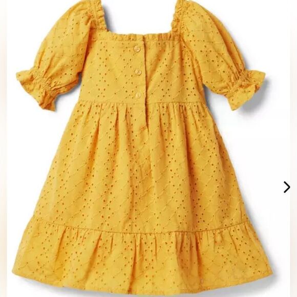 NWT Janie and Jack Girls Gold Eyelet Puff Sleeve Lined Dress Bow Detail- Size 5 - Picture 2 of 8